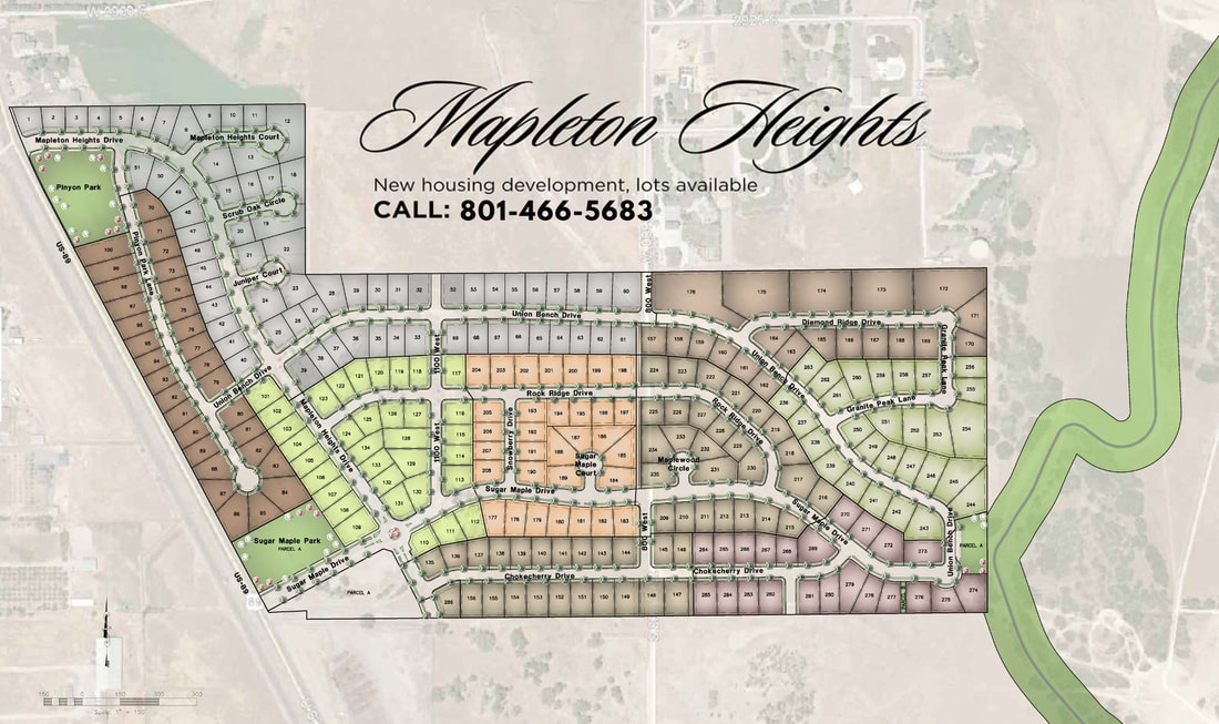 Picture of Mapleton Heights plat map with numbered sites and outlined parcels.